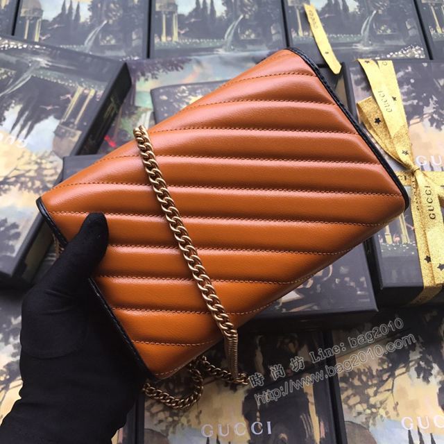 Gucci包 古馳女包 573807棕拼全皮 Marmont迷你鏈條包 Gucci新款全皮單肩斜挎包  gudj1191